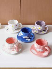 CMYD Studio 1 件 280 毫升原创北欧风格手工陶瓷咖啡杯碟套装，多色格子、心形、云朵、花卉图案，适合下午茶、牛奶、拿铁、甜点盘 - 很棒的礼物