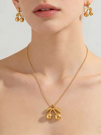 Set de 3 piezas de collar con colgante y aretes con cuentas de cereza, adecuado para uso diario de mujeres