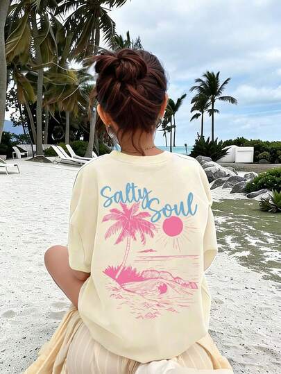 Tween Girls' Letter & Palm Tree Print Casual Short Sleeve T-Shirt
