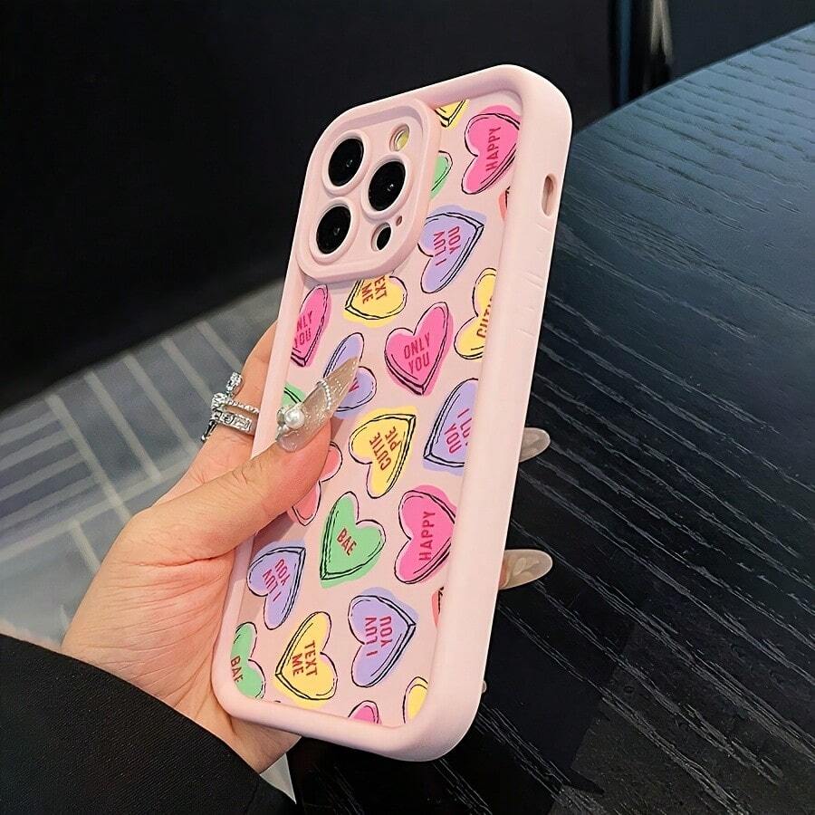 Funda de teléfono con estampado de corazón de pantalla completa en dibujos animados de colores, compatible con iPhone 17, 16, 15, 14, 13 ProMAX, 11, con borde suave y cubierta protectora trasera, también compatible con Samsung Galaxy S22, S23, S24, S25 Plus Ultra, regalo de San Valentín para novio y novia - Rosa - Ver 1