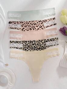 5pcs/Set Comfortable Skin-Friendly Lace Trim Sexy & Sweet Leopard Print Seamless Thong Panties For Women - Multicolor - View 4