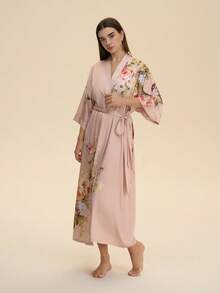 Elegant Vintage Loose Mid-Length Kimono Cover Up, Casual Homewear Robe With Tie Belt, Lightweight Summer Beach Swimsuit Cover Up Pink Spring - Pink - View 2