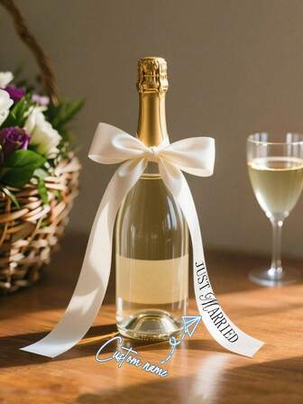 Anpassade bröllopsdekorationsband, personliga vinglasband, etiketter med anpassad text för champagneglas, dekorativa band för champagneflaskor, band för toastglas till bröllop, dekorativa band för champagneglas till fest, anpassningsbara textetiketter, personliga namnskyltar i satin