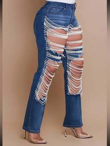 Women's Denim Trousers With Personalized Pearl Chain Embellishments! Women's Mid-Rise Straight-Leg Jeans, Comfortable Denim Fabric, Distressed Holes, Interpret Individual Fashion Denim Jumpsuits For Woman - 深藍色 - 查看 2