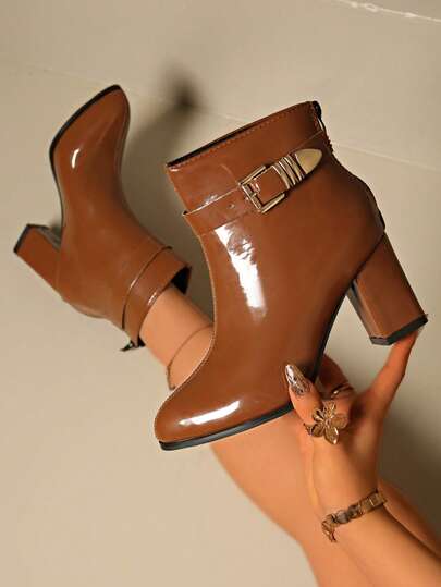 Autumn/Winter New Caramel Brown Patent Leather Chunky Heel Ankle Boots Women, Metal Buckle Pointed Toe Fashion Boots, Retro Commuter Versatile Slimming Boots