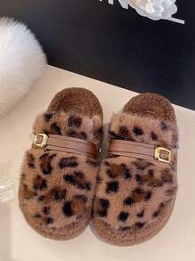 2025年冬季女士新款厚底包头蓬松黑色家居拖鞋，适合户外穿着，新款秋季带扣毛绒拖鞋，春秋室内居家办公室豹纹拖鞋 - 豹紋 - 查看 5
