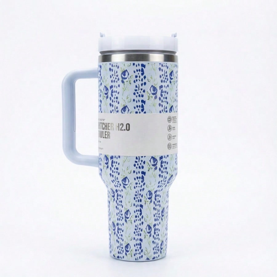 Vaso Térmico Viral Diseño Floral Vintage - Botella de Agua Aesthetic con Asa y Pajita - 1200ml