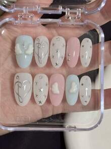 10片中长椭圆形美甲贴纸 | 可爱Y2K风格 | 粉蓝3D云朵、星星、爱心图案假指甲 | 可重复使用全覆盖人造指甲套装，含果冻胶和指甲锉 | 甜美沙龙级美甲，适合女性日常/派对美甲用品，手工制作按压式美甲 - Follow Your Heart - 查看 3