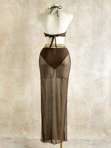 2026 New European & American Style Deep Brown Bandeau Metal Ring Crop Top + Mesh High Waist Maxi Skirt Sexy Vacation 2-Piece Set For Women - Brown - View 10