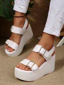 Women's Thick Sole Metal Buckle Double Strap Wedge Sandals, Vacation Style, Summer White PU Leather Platform Sandals - White - View 1