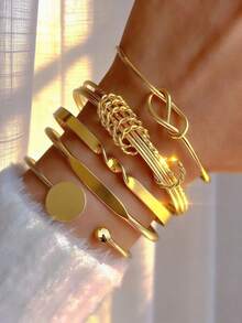 5 Peças/Conjunto Pulseira Vintage Elegante com Elementos Metálicos, Moeda Boêmia, Pérola Falsa, Geometria Assimétrica, Onda, Nó, Disco Redondo, Flor, Conjunto de Pulseiras, Joia Personalizada Exagerada Multipartida Empilhável, Adequada para Mulheres, Homens, Festa, Encontro, Uso Diário, Acessório Versátil - Multicolorido - Visão 8