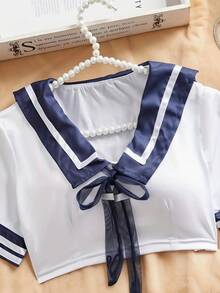 角色扮演校服三件套（上衣、百褶裙、丁字裤）；性感内衣套装；清纯校服；情人节和万圣节可爱水手服。春日白色 - 白色 - 查看 8