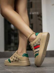 Women's Retro-Style Striped Color-Blocked Lace-Up Casual Skateboard Shoes, Random Printed Letter Patterns, Versatile And Comfortable Platform Sneakers With Added Height. - 杏色 - 查看 10