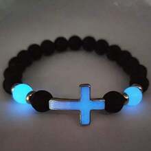 Glow In The Dark Cross Bracelet, Volcanic Stone Luminous Beads Unisex Cuff For Men Women - màu đen - Xem 5