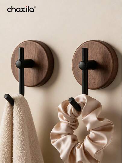 choxila 1/2/4pcs Simple Wooden Wall Hooks, Multi-Functional Adhesive Hooks, Waterproof & Durable, Strong Suction, Suitable For Hanging Towels, Clothes, Bath Balls - Ideal Choice For Living Room, Kitchen, Bathroom