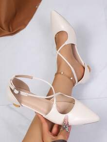 Women's Khaki High Heel Shoes, Fashion High Heel Pumps With Pointed Toe, Metal Buckle Strap, Slim Heel, Elegant Criss-Cross Strap Low Heel Sandals - White - View 5