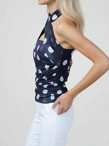 Camiseta sin mangas con cuello halter y lunares para mujer, de verano, moderna, sin espalda, ajustada, para salir - Negro - Ver 4