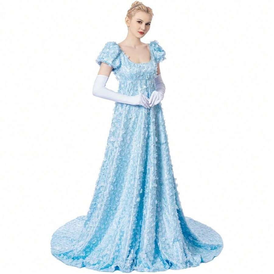 Daphne Cosplay Costume Blue Dress Women's Regency Dress Floral Empire Waist Gown - 藍色 - 查看 1