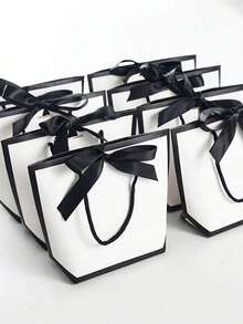 Simple Black & White Bow Decor Gift Tote Bag, Large Capacity White Paper Shopping Bag, Solid Color Shopping Bag, Small Business Supplies, Father's Day, Mother's Day, Back To School, Summer Wedding, Birthday Gift, Premium Gift Bag, Quality & Affordable, Wedding Favor, Elegant Gift Bag For Friends And Family - Multicolor - View 2