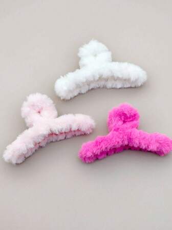 3件套柔软保暖百搭简约粉色毛绒交叉发夹，秋冬款