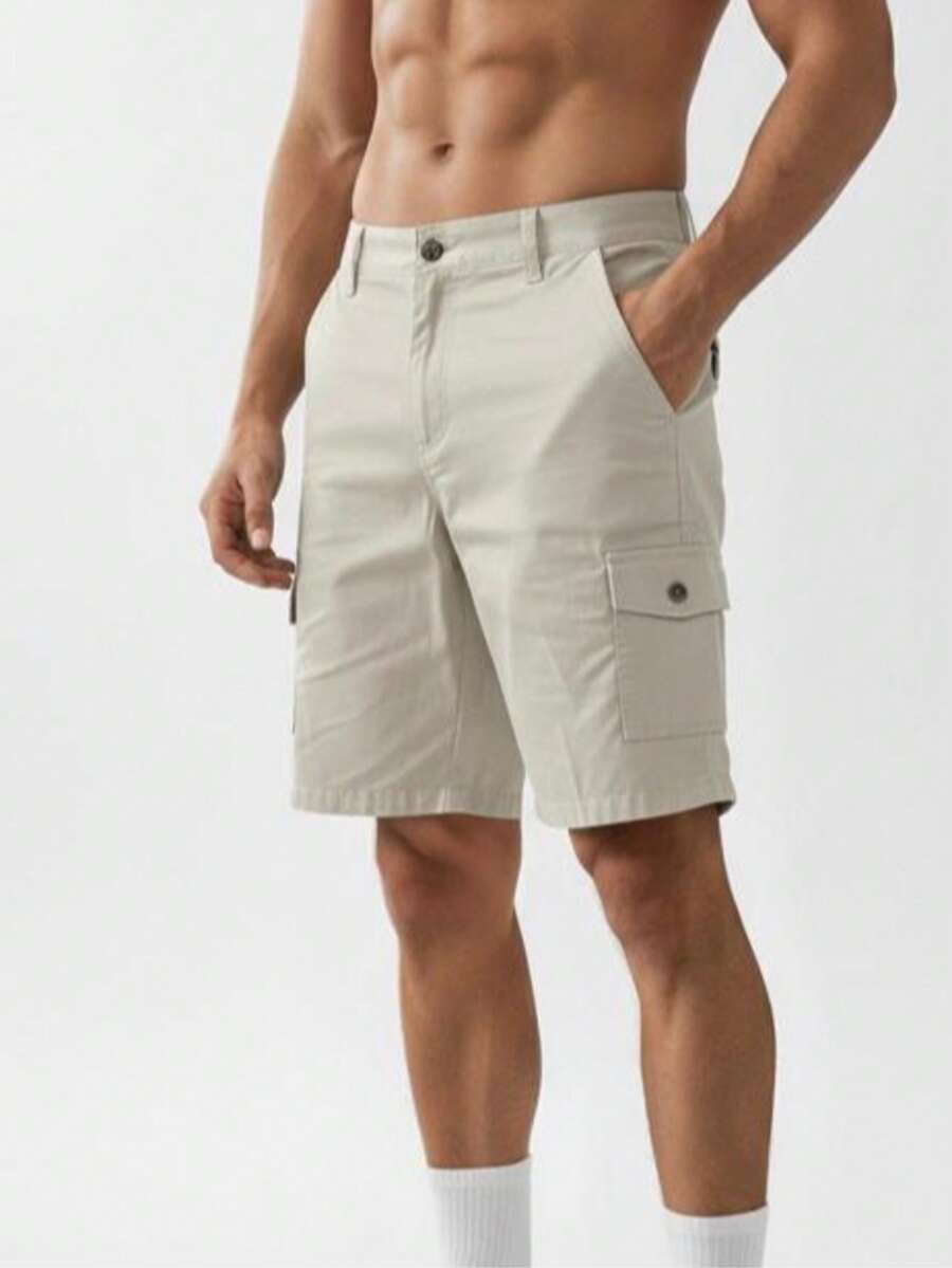 Cargo Bermuda Shorts With Button Pocket, Twill Fabric. - 米色 - 查看 1