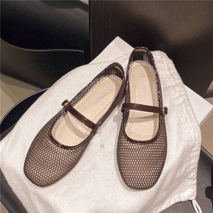 Women's Ballet Shoes, New 2026 Spring/Summer Low Vamp Shoes, Mesh Round Toe, Hollow One-Strap Buckle, Mocha Brown Flat Shoes - Mocha Brown - View 1