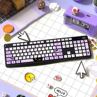 Juego de teclado y ratón inalámbrico UMILA 2.4G, con diseño de gato negro y patrón de dibujos animados morados, juego de teclado y ratón de alta calidad para oficina, compatible con varios sistemas