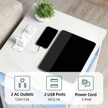 Tomnk Charging Station Nightstand With LED Light - Includes USB Ports, Outlets & Fabric Storage Drawers With PU Finish In White/Black, Ideal For Bedroom Or Living Room - Xem 9