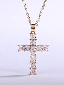 1 chiếc dây chuyền mặt thánh giá đính đá Cubic Zirconia thanh lịch, quà tặng cho nữ, trang sức cưới. - Vàng kim + trắng - Xem 3