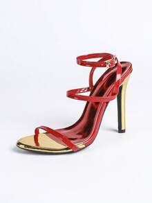 Jin Bei Qi Women's High Heel Shoes, Round Toe, Patent Leather, Color Block, Multi-Strap Criss-Cross Ankle Strap, Open Toe, Outdoor Party Stilettos, Elegant Fashion Heels, Suitable For All Seasons, Fashionable Party, Banquet, Romantic Formal Red High Heels - Red - View 8