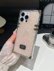 1pc Black Rhinestone Shockproof Bling Electroplated Square Phone Case Compatible With IPhone 17/16 Pro Max/13/14 - Pink - View 5
