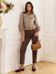 ELVA Brown Button Up Women Shirt Brunch Women Outfit Office Teacher  School Streetwear Casual Outing Women's Fashion Elegant Shirt Simple Basic Casual Fantasy Young Spicy Girl Fashion Spicy Girl Bold Tea Party Brunch Set Go Out Street Wear Grey Mini Women's Shirt Summer Holiday Dress Women's Shirt Women's Elegant Shirt Women's Casual Shirt Y2k Clothes Spring Dress Summer Dress - Brown - View 5