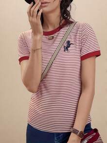 Embroidered Striped Casual Loose Flattering Women's Top T-Shirt Summer - Hot Pink - View 3