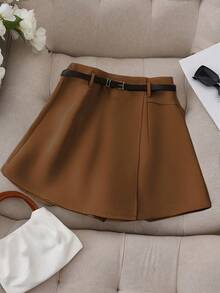 Conjunto de shorts de unicolor para mujer talla grande con cinturón elegante, adecuado para el trabajo, viajes, fiestas, uso diario, verano - Marrón - Ver 1