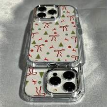 La carcasa del teléfono móvil con patrón de árbol de Navidad con lazo de moda está disponible para iPhone 17 / 13 / 12 / 11 / 16 pro Max / 15pro / 14 plus, compatible con oppo, vivo, honor, colección , amortiguación, antideslizante, ligero, nuevas  de moda, marcos de lente galvanizados, fundas protectoras tpu de alta calidad para hombres y mujeres. - transparente - Ver 1