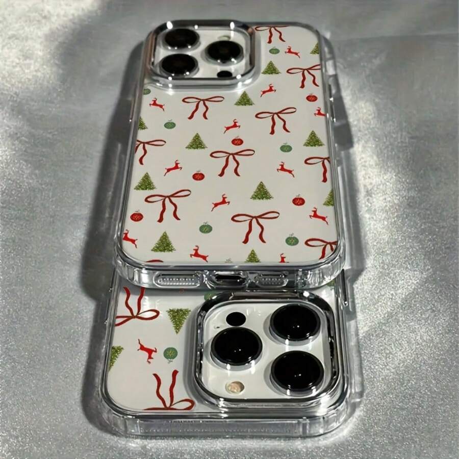 La carcasa del teléfono móvil con patrón de árbol de Navidad con lazo de moda está disponible para iPhone 17 / 13 / 12 / 11 / 16 pro Max / 15pro / 14 plus, compatible con oppo, vivo, honor, colección , amortiguación, antideslizante, ligero, nuevas de moda, marcos de lente galvanizados, fundas protectoras tpu de alta calidad para hombres y mujeres. - transparente - Ver 1