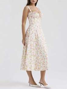 Women's Floral Fitted Midi Dress, Summer Bohemian Style Square Neck Sleeveless Flowy Slit Tie-Up Printed Corset Slip Dress - Màu be - Xem 3