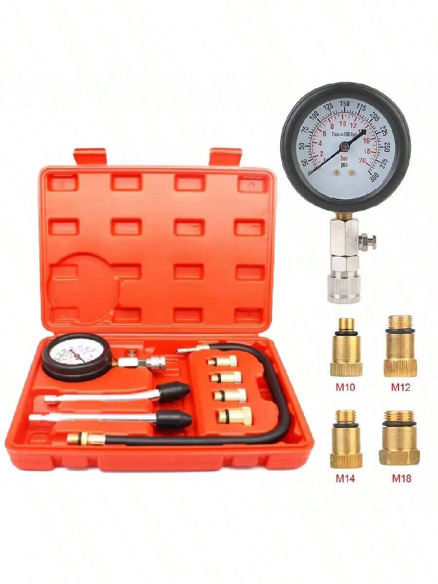 Automotive Cylinder Compression Tester Kit, Gasoline Engine Compression Gauge With M10, M12, M14, M18 Adapters, Pressure Gauge, Automotive Tool - Red - View 1