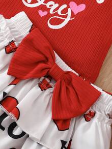 3pcs/Set Baby Girls Valentine's Day Outfit: Camisole, Bowknot Tutu Skirt, Headband - Multicolor - View 3