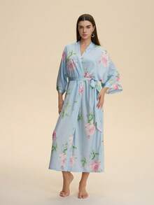 Retro Loose Elegant Fashion Printed Bohemian Kimono Cover Up Robe Casual Homewear Tie-Waist Bathrobe Sleepwear Thin Outerwear Beach Cover-Up Swimsuit Coverup - Blue - View 8