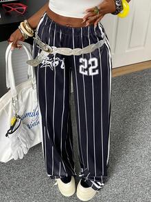 女士宽松条纹阔腿裤，休闲直筒裤，时尚街头风，适合春夏穿着 - 黑與白 - 查看 4