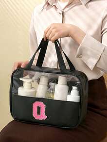 1pc Multi-Functional PVC Toiletry Bag, Transparent PVC Cosmetic Bag, Large Capacity Makeup Bag, DIY Letter Design Makeup Bag, Waterproof Travel Organizer Bag, Minimalist Letter Patch Travel Cosmetic Bag, Suitable For Cosmetics, Perfume, Beach, School, Bathroom, Festivals, Mother's Day, Christmas, Great Gift For Mom, Family, Friends, Unisex Travel Toiletry Bag, Bathroom Makeup Bag,Makeup Bag,Travel Essential - Black - View 25