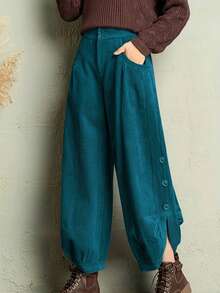 Women's Corduroy Solid Color Casual Pants, Vintage Style, Suitable For Office Wear And Daily Use, All Seasons - Peacock Blue - View 8