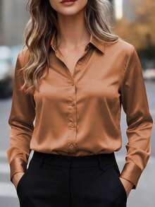 Camisa de satén de unicolor para mujer - Blusa casual de negocios con cuello y botones, elegante para ir al trabajo & uso diario, primavera verano otoño invierno, atuendo de verano - Naranja Quemada - Ver 6