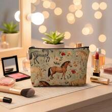 1pc Horse & Flower Pattern Cosmetic Bag, Modern Style Polyester Lightweight Travel Organizer Pouch, Makeup Bags, Cosmetic Bag,  Travel Essential, Large Capacity, Large Makeup Bag, Christmas Gifts - Màu nâu  Mocha - Xem 6