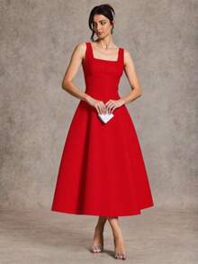Women's Tailored Dress With A Versatile Square Neckline. - 紅色 - 查看 2