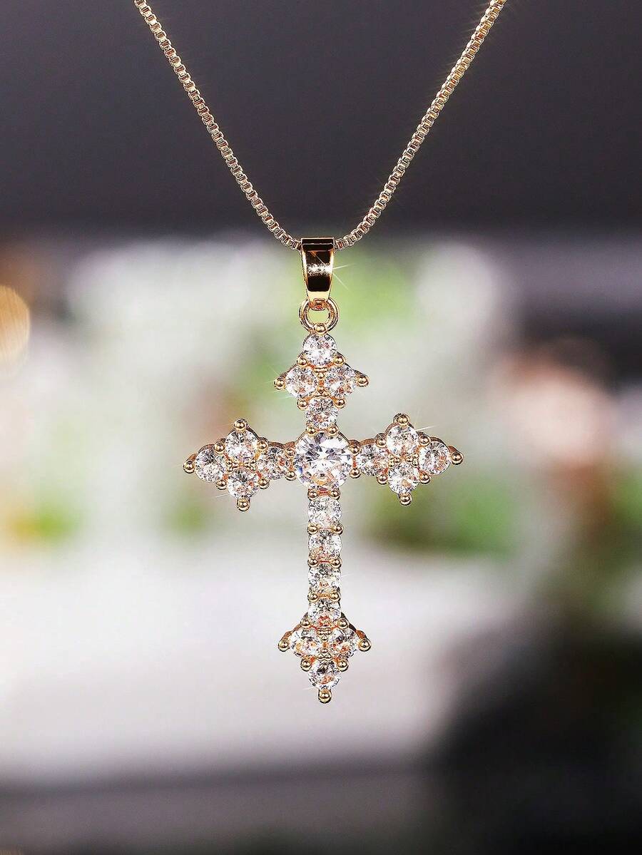 1pc Elegant Cubic Zirconia Cross Pendant Necklace, Gift For Women, Wedding Jewelry - Gold+White - View 1