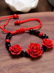 新款漆面朱砂红玫瑰花手链，庆典礼物 - 彩色 - 查看 3