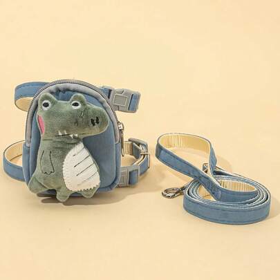 1件套毛绒恐龙装饰宠物项圈、胸背带、零食袋和牵引绳套装，专为小型猫狗设计，为遛猫遛狗提供有效且舒适的活动支撑。