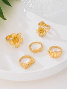 5pcs Women's Stackable Rings Set With Floral, Numeric, Geometric Metal Textured Designs - Yellow Gold - View 4